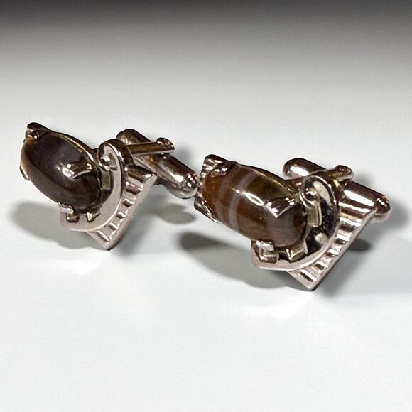 Vintage Anson Cufflinks Mens Silver Tone Brown Glass Art Deco Bullet Back - Picture 1 of 6